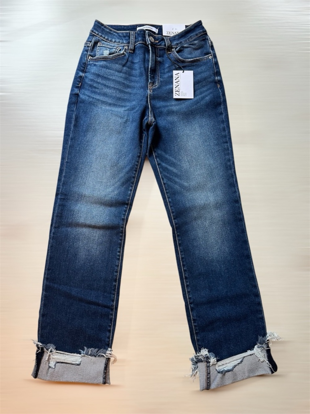 Zenana Medium Blue stretch Straight-Leg Jeans with Frayed Cuffs